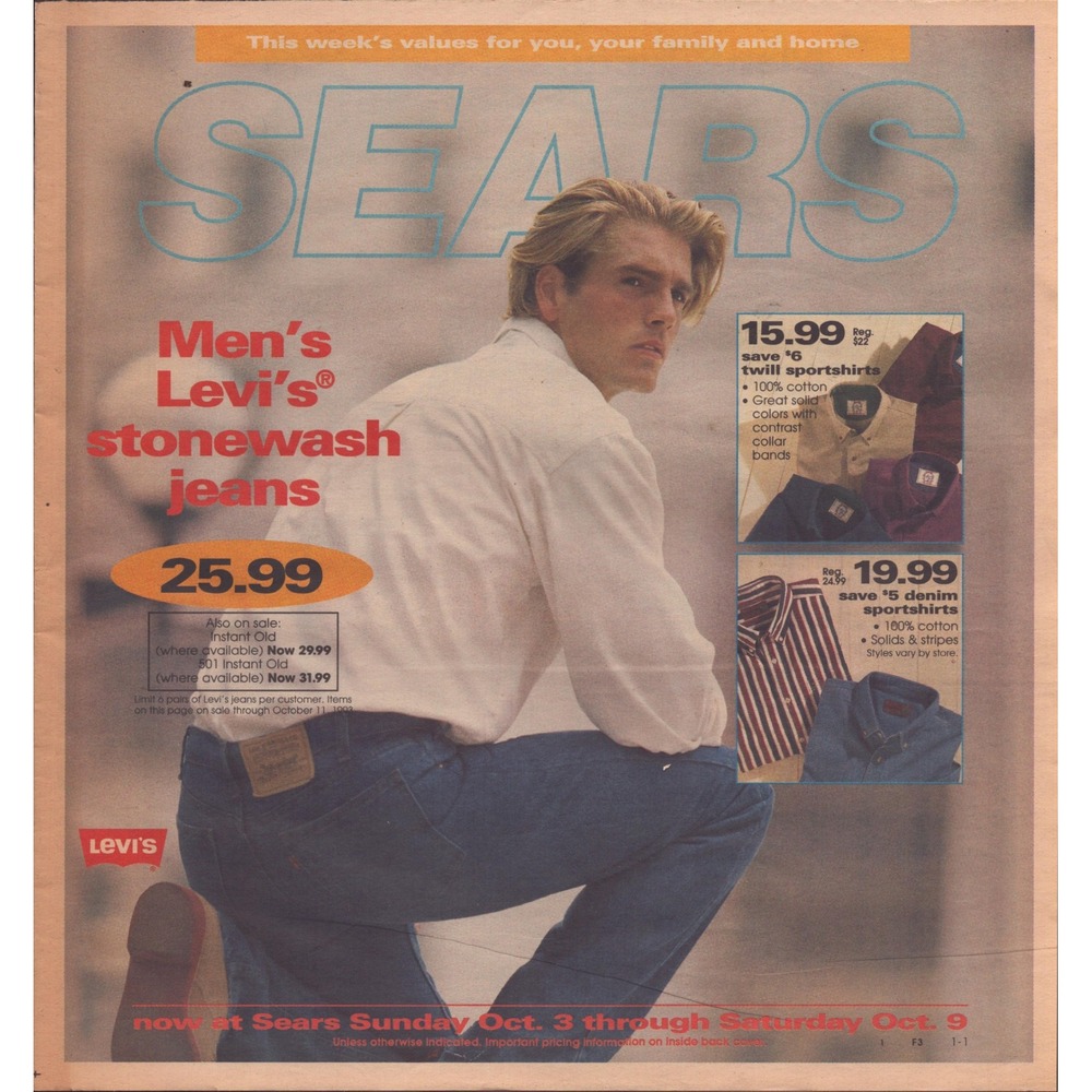 Vtg 1993 Sears Newspaper Ad Levis Stonewash Jeans Kenmore Refrigerator 10x11 VG